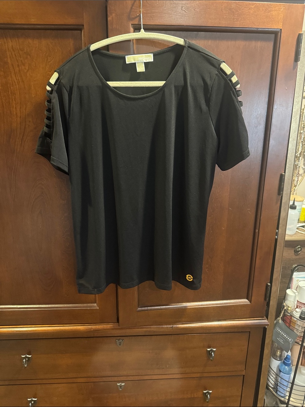 MICHAEL Michael Kors Black Short Sleeve Top with Ladder Shoulder Cutouts
